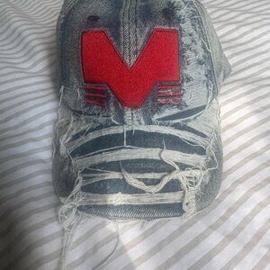 Distressed Denim Cap with Red Patch